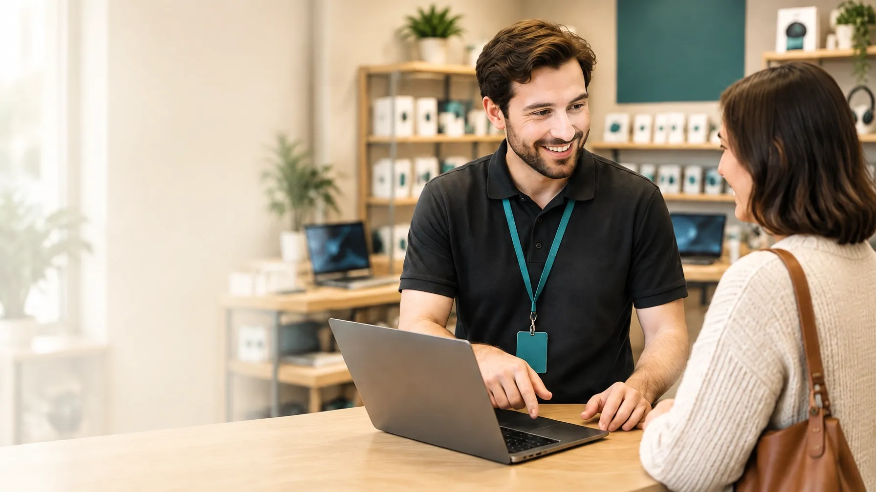 A Cora Computers team member helping a customer choose a laptop